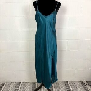 VTG Angelique Slip Dress 90s Green Satin Velvet Rhinestones Bow‎ Fairy Prom SZ M